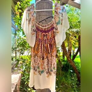 Boho, hippie, free flowing, colorful pattern, sheer white dress!